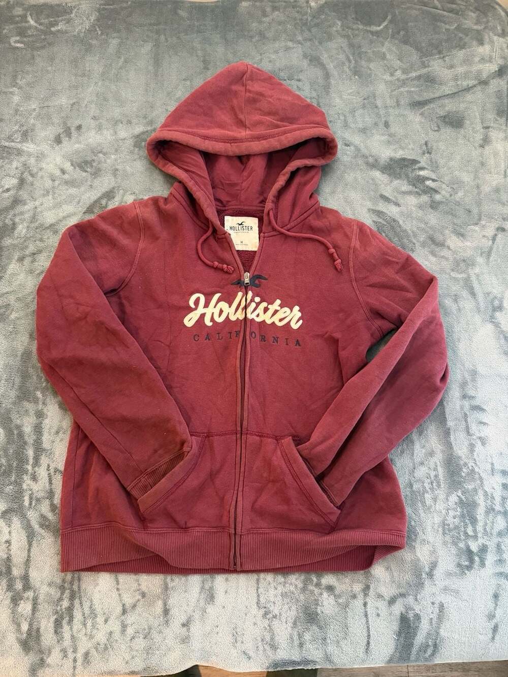 Hollister California Maroon Full Zip Hoodie Fleece Lined Size M Y2K